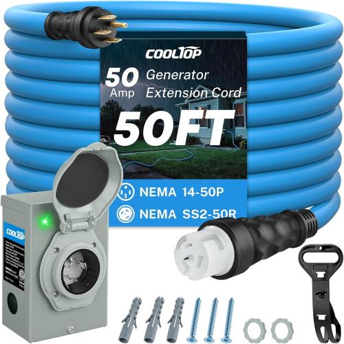 COOLTOP 50 Amp Generator Cord and Power Inlet Box Kit, 50FT Extension Cable STW 6/3 8/1 AWG Generator Cord 125/250V NEMA 14-50P to SS2-50R Pre-Drilled Inlet Box Waterproof Combo Kit, ETL Listed