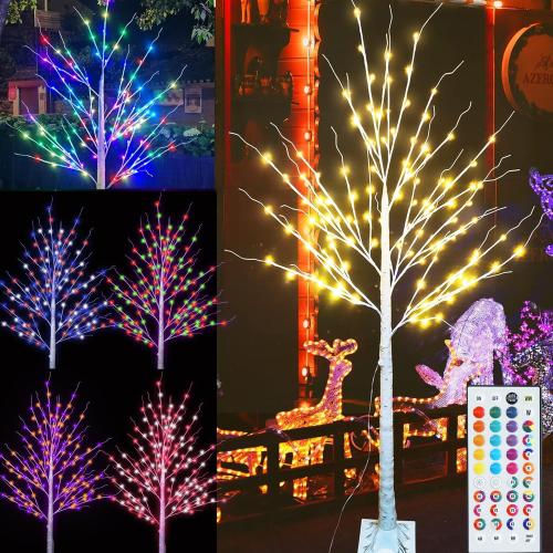 Pooqla 6 ft 120 LED Christmas Lighted Birch Tree, Color Changing Light Up Tree with Remote, White Lighted Birch Trees for Indoor Outdoor Christmas Party Home Yard Decoration RGB