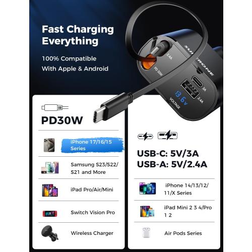 SUPERONE Retractable Car Charger, 4-in-1 Fast Phone Charger Adapter