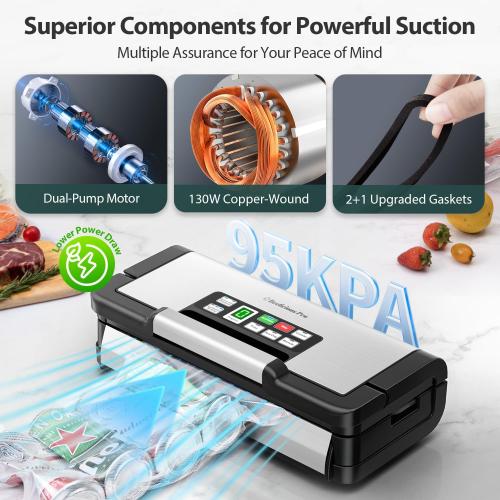 95kPa Vacuum Sealer Machine with AquaLock Technology, Dual-Pump Automatic Food Sealer for Dry & Moist Foods, Double Heat Seal, Built-in Cutter, Bag Storage & Accessory Hose,2 Bag Rolls,Stainless Steel