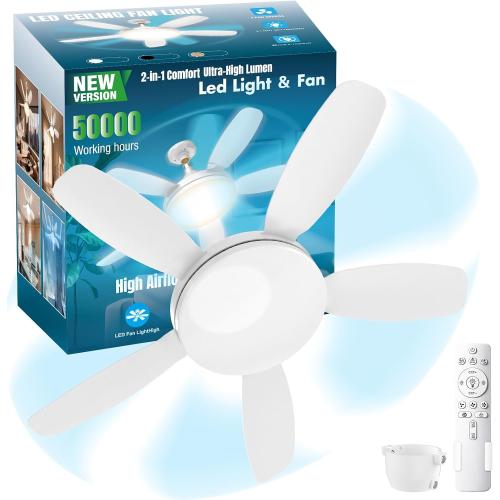 32 Socket Fan Light, 3000 Lumens Small Ceiling Fans with Lights and Remote, E26/E27 Light Bulb Fan with Reversible Motor, Dimmable 3000K-6500K Light Socket Fan for Bedroom Kitchen Garage