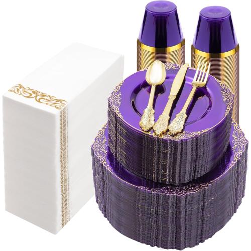 700PCS Clear Purple Plastic Plates for 100 Guests, Disposable Plate with Gold Trim include 100 Dinner plates, 100 Dessert Plates, 100 Gold Silverware, Cups and Napkins for Party, Graduation