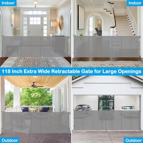 Reinforced 42 Extra Tall X 120 Extra Wide Retractable Dog Gate for Doorways Wide Pet Gate Indoor Prevent Kid/Pet Jumping Over Tall Retractable Baby Gates for Dogs Outdoor Dog Gates for Doorways,Gray
