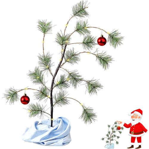 24 Tabletop Christmas Tree with Red Glossy Ball, Wooden Stand Mini Christmas Bent Tree with Blue Blanket Holiday Décor,Holiday Memories Decorations Gift