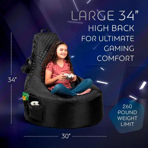 Throne Boss Gaming Bean Bag Chair Cover for Kids with High Back, Black – Floor Gaming Chair Cover, Easy to Clean Fabric, Large Side Pockets, Headphone Hanger, Requires 200 Liters Polystyrene Beans