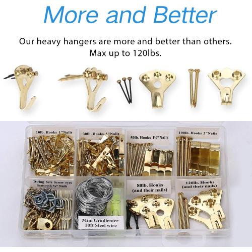 Picture Hangers, Picture Hanging Kit, 225pcs Heavy Duty Frame Hooks Hardware with Nails, Hanging Wire, Screw Eyes, D Ring and Sawtooth for Wall Mounting
