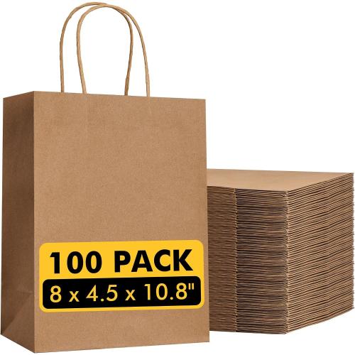 RACETOP 100 Pack Brown Kraft Gift Paper Bags with Handles 8x4.5x10.8 in