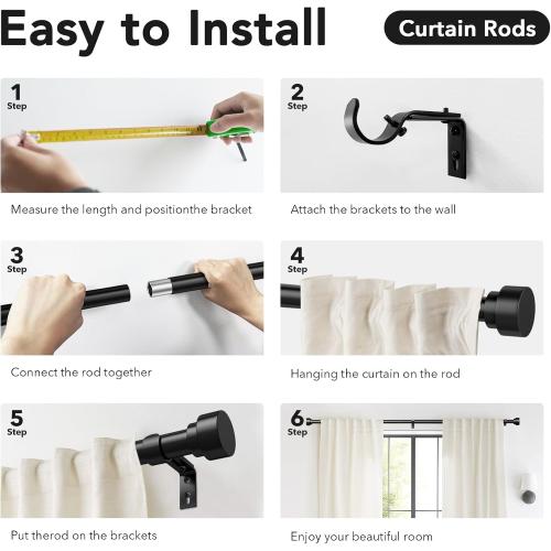 2 Pack Heavy Duty Curtain Rods for Windows 66 to 120 Inch, 1 Inch Black Adjustable Curtain Rod Set with Easy Installation and Modern Design (A1,Black,30-120,2Pack)