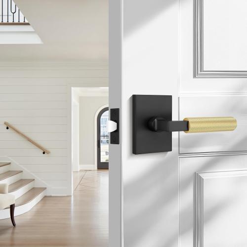 Probrico 2 Pack Brushed Gold Door Handles with Black Lever, Knurled Passage Door Handle for Hallway or Closet Door, Modern Interior Door Handle, Heavy Duty Keyless Lever for Left Right Handed Door