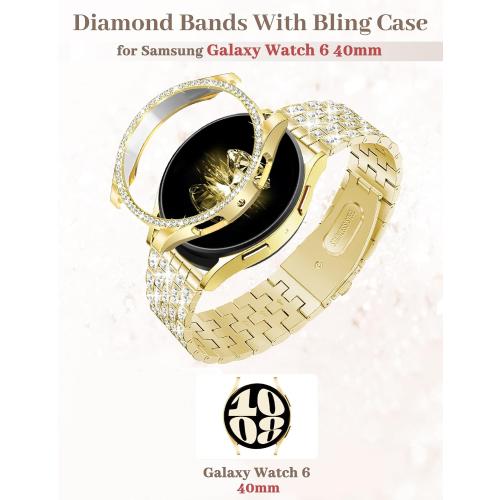 JR.DM Diamond Bands with Bling Case Women ONLY Compatible with Samsung Galaxy Watch 7/6 40mm 44mm, 20mm watch band with Protective Cover Bumper Silver Gold Luxury Metal Bracelet Replacement Strap