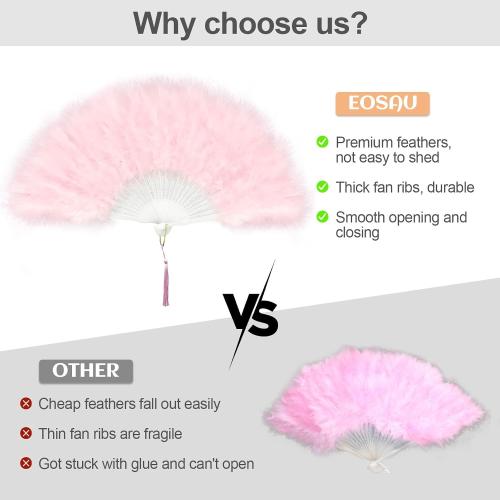 EOSAU Marabou Feather Fans Handheld, 1920s Vintage Hand Fan Foldable Pink