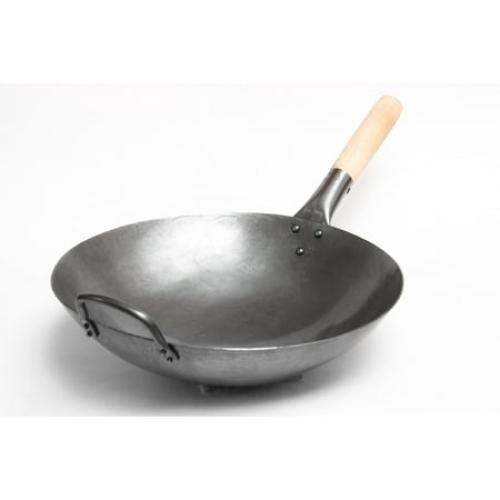 Craft Wok Traditional Hand Hammered Carbon Steel Pow Wok with Wooden and Steel Helper Handle (14 Inch, Round Bottom) / 731W88