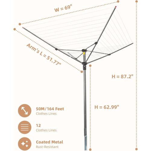 STORAGE MANIAC Outdoor Umbrella Drying Rack, 12 Lines with 164 Feet Drying Space, Steel Frame & Adjustable Height, 4-arm Umbrella Clothesline for Laundry, Collapsible Clothes Drying Rack for Backyard