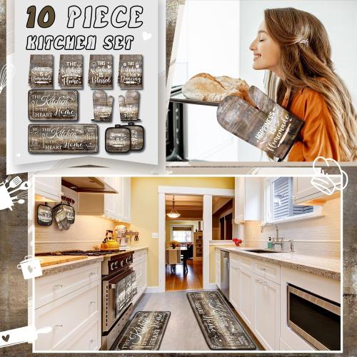 10 Pcs Farmhouse Kitchen Decor and Accessories Set 4 Kitchen Towels 2 Pot Holders 2 Oven Mitts 2 Rugs for Cooking Baking Mom Housewarming Gifts(Brown Gray,Classic Style)