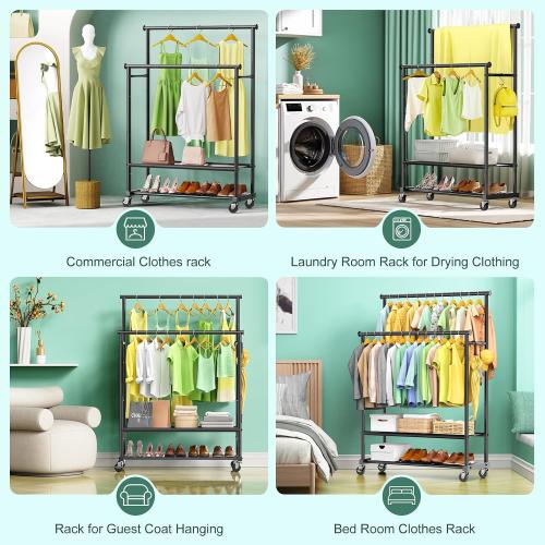 COLOR WHITE ❗❗Double Rods Clothes Rack for Hanging Clothes, Heavy Duty Rolling Clothing Rack with Wheels, Freestanding Garment Racks with Oxford Bottom Shelf and Mesh Bottom Shelf for Bedroom Laundry Living Room