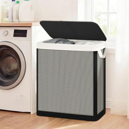 STO STO 2 Section Laundry Hamper with Lid, 140L Steel-Frame Double Laundry Hamper with Removable Washable Liner, Breathable Large Laundry Basket for Bedroom, Bathroom, Laundry Room, Dorm, Closet
