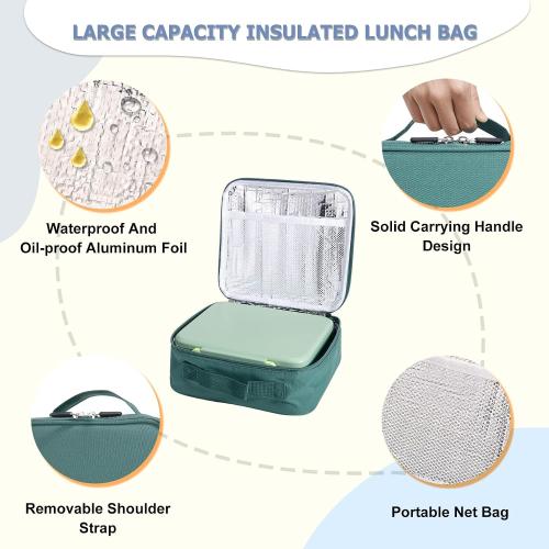 Bento Lunch Box for Kids with 8oz Soup Thermo Leak-Proof Lunch Food Containers with Snack Sauce Container for Kid Girls Boys to School, Green Bag