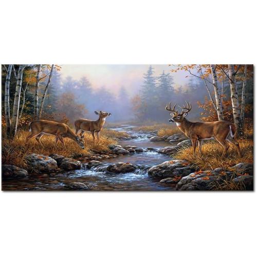 Ardakar Deer Wall Art Autumn Forest Canvas Print Wildlife Landscape Painting Framed Yellow Rustic Nature Animal Pictures for Cabin Living Room Bedroom Decor (Framed, 48 L x 24 W)