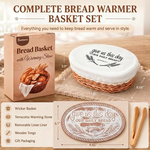 Bread Warmer Basket with Warming Stone, Christian Gift