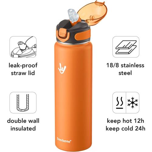 Enerbone 32 oz Insulated Water Bottle, Stainless Steel Bottle with Carrying Strap, Double-Wall Vacuum Insulation Design, Leakproof Sports Bottle with Straw, Keep Drinks Cold or Hot for Hours
