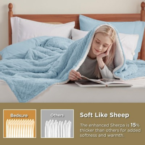 Bedsure Fleece Throw Blanket, Jacquard Cable Pattern, Double-Sided Plush & Fluffy, Reversible Cozy Warm for Couch, Blue,