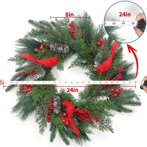 New Years Eve Party Supplies 2025, Large 24 Inch Wreaths Red Cardinal Ornaments Décor Gift with Pine Cones Needles Cypress Leaves Xmas New Year Home Indoor Tree Decor Christmas Decorations