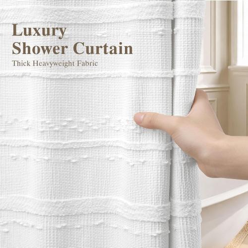 Extra Long Farmhouse White Shower Curtain Boho, 72 x 78 Cotton Blend Tufted Weave Waffle Stripe Textured Heavy Duty, Fabric Shower Curtain for Bathroom, Hotel