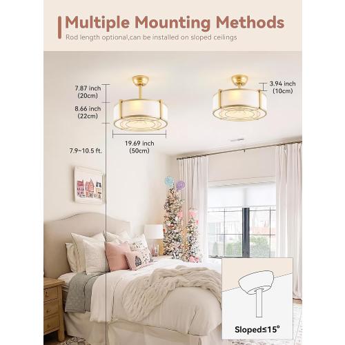 20 Gold Fandelier Ceiling Fans with Lights, Boho Rattan Ceiling Fan with Light Remote Control, Caged Mid-Century Modern with 6 Speeds for Bedroom, Nursery, Living Room