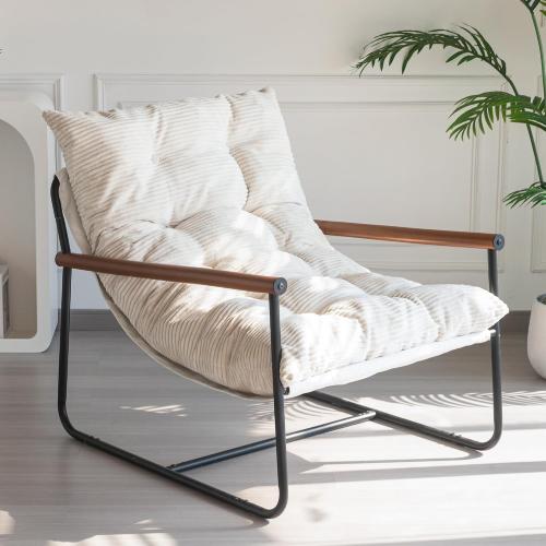 MAXYOYO Modern Accent Chair, Comfy Living Room Chair with Metal Frame Wooden Armrest, Upholstered Armchair with Soft Cushion for Bedroom Balcony Lounge Reading Room, Beige