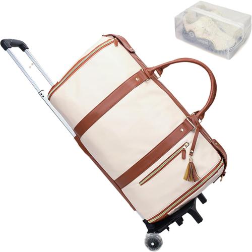Rolling Garment Bag for Travel, 3-in-1 Convertible Carry On Garment Duffle Bag with Wheels, Waterproof PU Leather No Wrinkle Suit Bag for Business Trip, Wedding, Overnight White