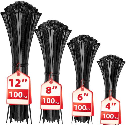 Cable Zip Ties,400 Pack Black Assorted Sizes 12 8 6 4 Inch,Multi-Purpose Self-Locking Nylon Cable Cord Management,Plastic Wire Ties for Home,Office,Garden,Workshop. By HAVE ME TD