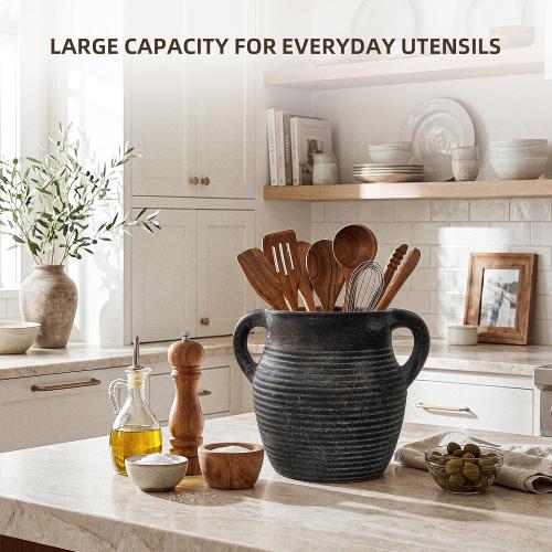 Rustic Utensil Holder for Kitchen Counter - Ceramic Farmhouse Cooking Utensil Crock & Organizer for Spatula, Spoon-Vintage Kitchen Decor (Charcoal)