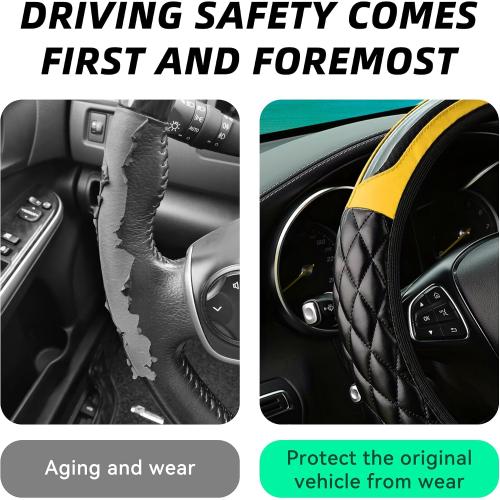14.5-15 Inch Leather Steering Wheel Cover, Yellow