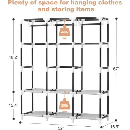 VTRIN Portable Closet Wardrobe for Hanging Clothes Closet with Cover, 3 Hanging rods, 6 Storage Shelves and Side Pocket, Diameter 19mm Metal Pipe, Sturdy Free Standing Closet for Bedroom