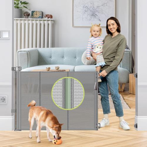 Reinforced 55 Wide Retractable Dog Gate with Support Rods, 33 Tall Retractable Baby Gate for Dogs, No Sag and Wrinkle Mesh Child Gates for Doorways, Indoor Pet Barrier Stair Gates for Kids, Gray