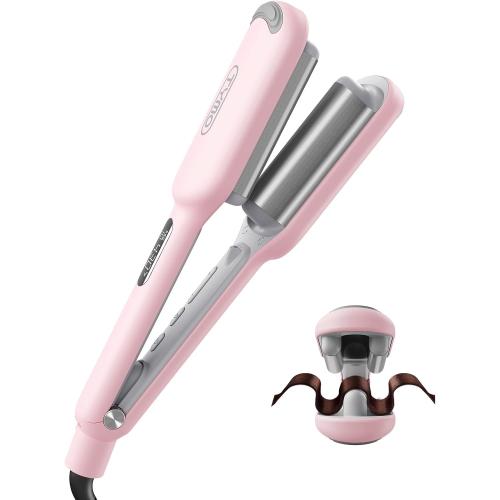 Curling Iron Hair Crimper Waver - TYMO ROVY Beach Waves Curling Wand, Ionic Deep Waver Hair Curler Tool with Ceramic 3 Barrel for Women, Dual Voltage, Anti-Scald, Easy to Use, Pink, 1 Inch