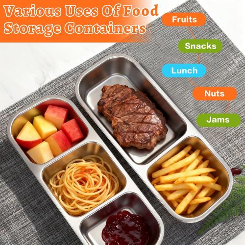4 Pack Stainless Steel Snack Containers with Lids 3 Compartments