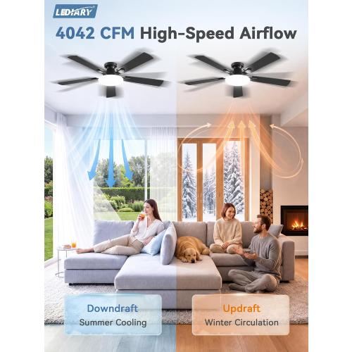 LEDIARY 52 Inch Flush Mount Ceiling Fans with Lights, Remote & APP Control