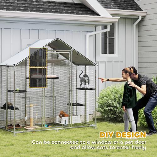 PawHut Large Catio Outdoor Cat Enclosure with Waterproof Cover, Walk-in Cat Patio w/ 5 Adjustable Platforms & Hammock