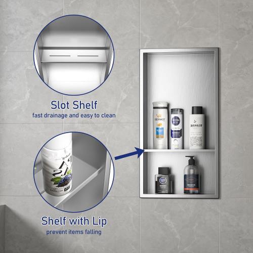 Stainless Steel Shower Niche 24 X 12 Brushed No Tile Needed Wall Niche with Double Shelves Recessed Shower Shelf for Bathroom Vertical Niches