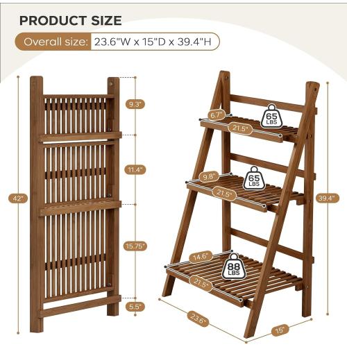 39.4 Bamboo Ladder Shelf Plant Shelf, 3 Tier Foldable Ladder Flower Pot Display Shelf Rack, 23.6W x 15D x 39.4H, Freestanding Bookshelf for Garden, Balcony, Yard, Patio, Lawn, Living Room, Walnut