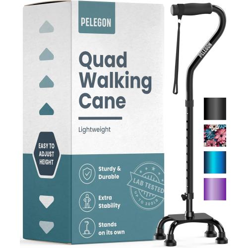 PELEGON Quad Cane (300 lb) - Adjustable Walking Cane with A Large 4 Pronged Base for Extra Balance & Stability, Walking Canes for Seniors, Walking Cane for Men & Women, Walking Sticks