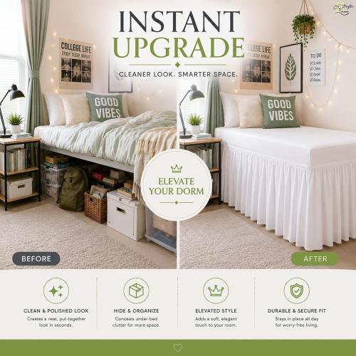 Cottington Lane Twin XL Dorm Bed Skirt 32 Inch Drop, Extended Ruffled College Dorm Bed Skirt, Wrap Around Dust Ruffle, Premium Brushed Microfiber Extra Long Bed Skirt for Twin XL Dorm Beds, White