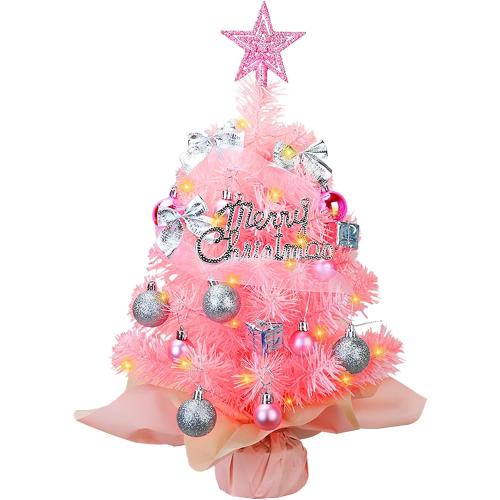 Small Mini Christmas Tree Pink with 50 LED Lghts 24 Inch /2FT Tabletop Artificial Christmas Tree Decorated Gift Boxes and Hanging Ornaments for DIY Christmas Decoration