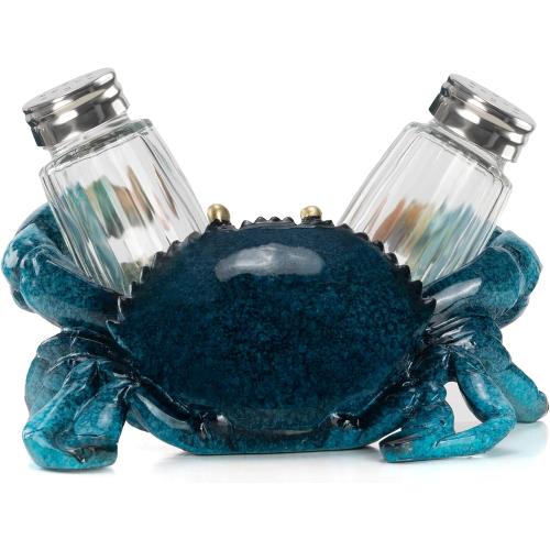 VVGIFTS Blue Crab Salt and Pepper Shaker Holder Beach Coastal Kitchen Decor