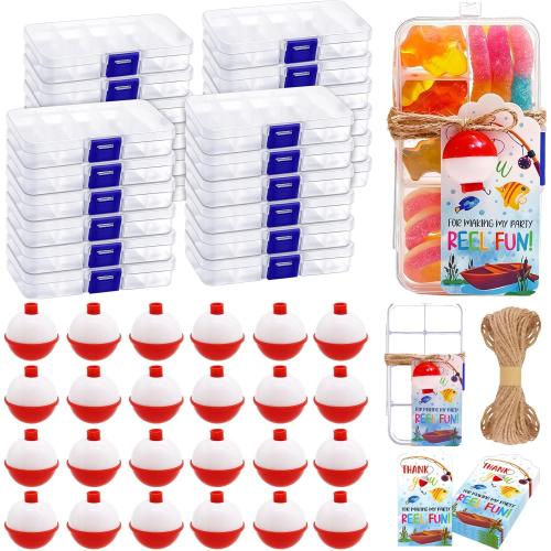 24 Set Fishing Candy Little Tackle Boxes for Birthday Party Favors with 24 Fishing Bobber 24 Thank You Cards for Making My Party Reel Fun Gone Fishing Theme Supplies Fishing Decorations (24)