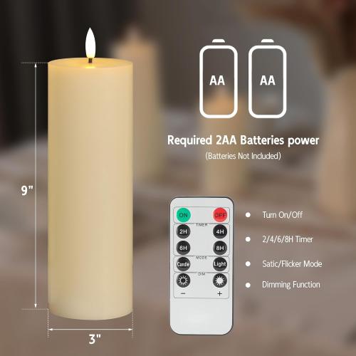 3x9 Ivory Flameless Candle, Real Wax LED Pillar Candle with Remote & Timer