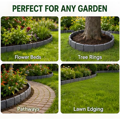 Imitation Stone Garden Fence Edging, Interlocking Plastic Landscape Border Panels for Flower Bed Lawn Path Yard Decor (Black,10pcs)