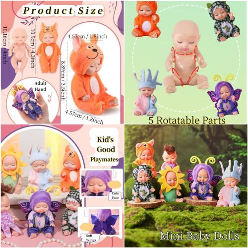 4 Inch Mini Baby Dolls 6pcs Set Cute Realistic Baby Dolls Toys with Handmade Doll Clothes for Suitability Kids 3 and up Forest
