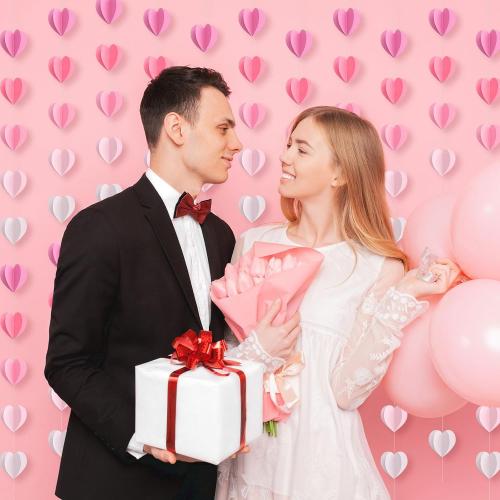 Epakh 12 Pcs Valentines 3D Heart Garland Banners 57ft Hanging Paper Heart Streamers Valentines Wall Decorations Party Decor Supplies for Galentines Wedding Classroom Birthday(Gradient Pink)